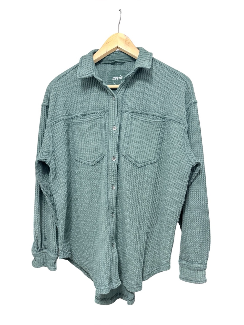 aerie Waffle Button-Down Shirt in Sage Green Oversized XS P2P 24
